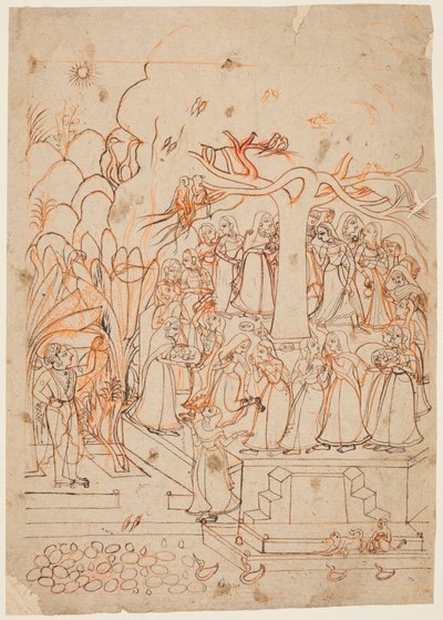 Egy levél egy Baramasa sorozatból: Jyestha május-június hónap, Krishna a Gopikat nézi..., c. 1760. alkotó: Unbekannt