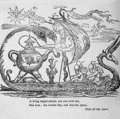 Egy élő teáskanna áll, egyik karja kinyújtva, a másik meghajlítva, a fogantyú ez, a kifolyó pedig az, c1820. alkotó: Unbekannt