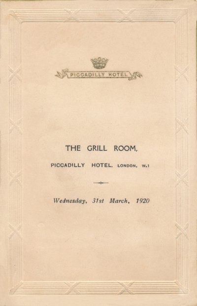 A Piccadilly Hotel grilltermének menüje, London, 1920 alkotó: Unbekannt