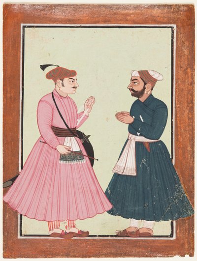 Egy nemes, valószínűleg Raja Gaur Sen kap egy másik nemest, kb. 1700-20. alkotó: Unbekannt