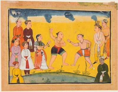 Egy oldal a Mahábháratából: Bhima harcol Jayadrathával, c. 1615. alkotó: Unbekannt