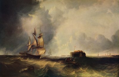 Egy hajó és férfiak egy evezős csónakban Calais mellett, 1830, 1938 alkotó: Unbekannt
