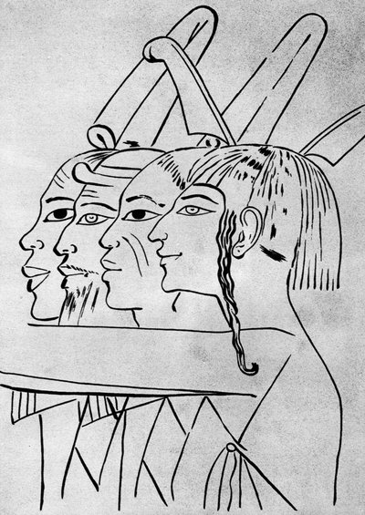 Vázlat afrikai és ázsiai férfiakról I. Széti király sírjából, Théba, Egyiptom, 1936 alkotó: Unbekannt