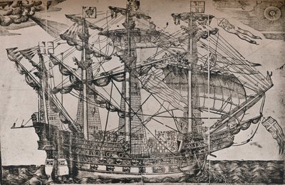 Egy fametszet egy hajóról, amelyről úgy tartják, hogy The Ark Royal, c1587 alkotó: Unbekannt