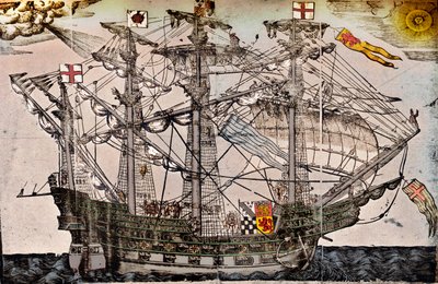 Egy fametszet egy hajóról, amelyről úgy tartják, hogy The Ark Royal, c1587 alkotó: Unbekannt