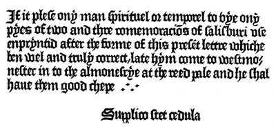 William Caxton által nyomtatott könyv reklámja, 1893. 15. század alkotó: Unbekannt