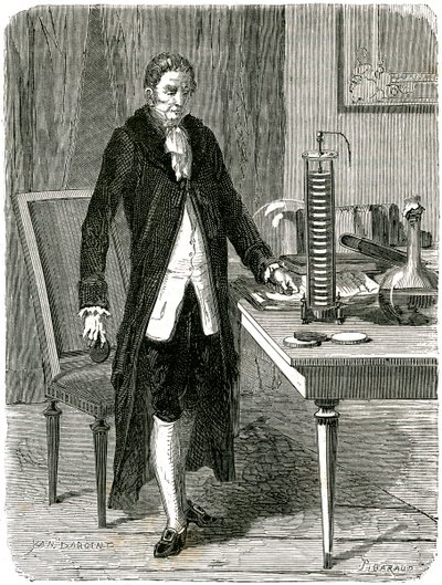 Alessandro Volta olasz fizikus bemutatja az elektromos cölöp akkumulátorát, c1800 c1870 alkotó: Unbekannt