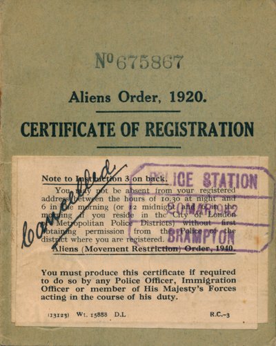 Idegenrendelet, Bejegyzési bizonyítvány, 1920 alkotó: Unbekannt