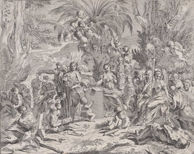 A festészet allegóriája, aki gyerekként a bal középen táblára rajzol, surrou..., 1650-1700. alkotó: Unbekannt