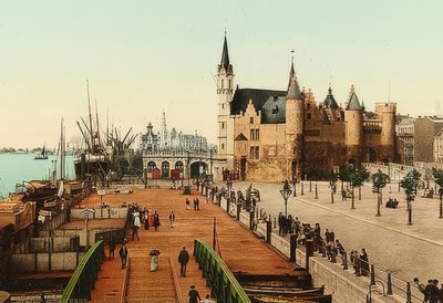 Antwerpen (Anvers). Kilátás a régi kastélyra (Het Steen) a kikötőre. 1900 körül alkotó: Unbekannt