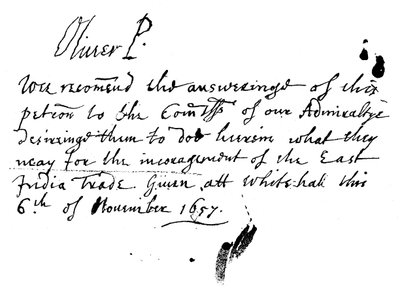 Oliver Cromwell autogramjegyzete a Kelet-indiai Társaság petíciójához, 1657. november, 1893 alkotó: Unbekannt