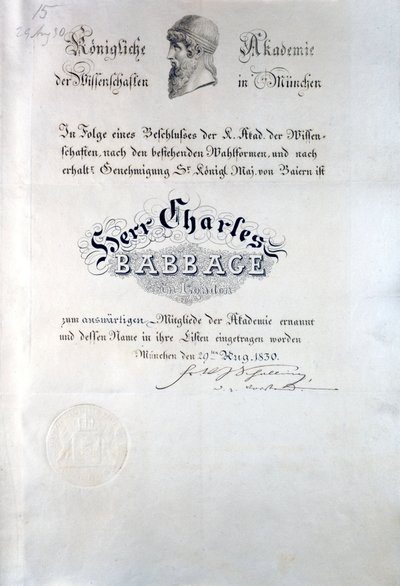 Babbage diploma a Müncheni Királyi Tudományos Akadémiától alkotó: Unbekannt