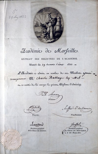 Babbage Diploma az Academie de Marseilles-től alkotó: Unbekannt