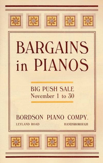 Akciók zongorákban – a Bordson Piano Company hirdetése, 1916 alkotó: Unbekannt