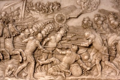 Szent Dénes-bazilika, Ferenc 1. francia király és Claude Franciaország sírja, az Alapítvány alacsony domborműve, Az 1515-ös marignói csata ábrázolása – a franciák és tüzérségeik a régi svájci konföderációval szemben, Saint-Denis, Franciaország alkotó: Unbekannt