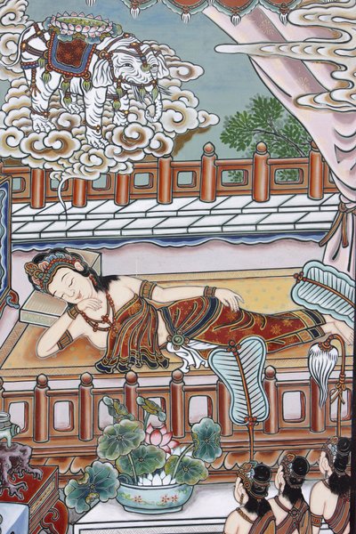 Siddartha Gautama születése előtt édesanyja egy fehér elefántról álmodott, aki lótuszvirágot ajándékoz neki, Szöul, Coree du Sud alkotó: Unbekannt