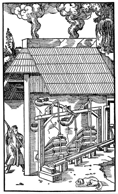 Az olvasztókemence huzatát biztosító fújtató, 1556 alkotó: Unbekannt
