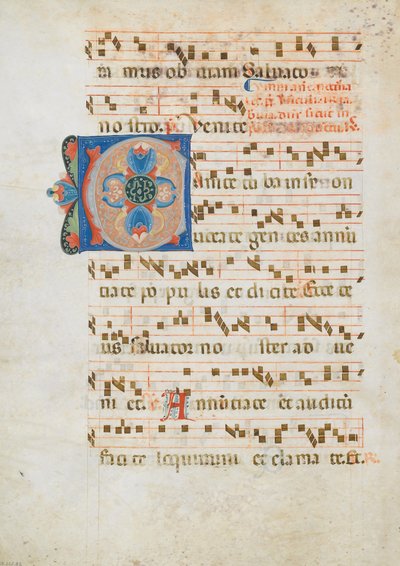 Bifolium C kezdőbetűvel, egy antifóniából, olasz, kb. 1320. alkotó: Unbekannt
