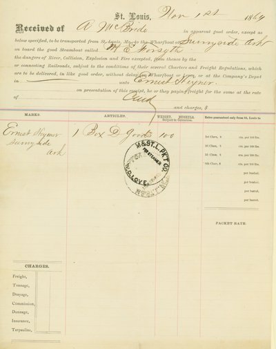 Fuvarlevél, gőzhajó M [ary] E. Forsyth, Sunnyside, Arkansas, 1864. november 1. alkotó: Unbekannt