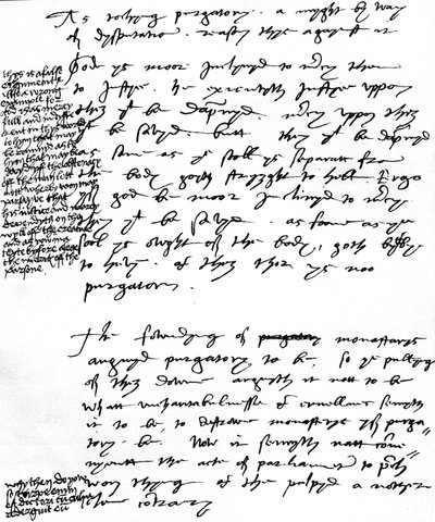 Latimer püspök érvei a purgatórium katolikus tana ellen VIII. Henrik király széljegyzeteivel, 1538 körül (toll és tinta papíron) alkotó: Unbekannt