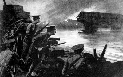 Brit csapatok a folyóparton német előrenyomulásra készülve, Belgium, első világháború, 1914 alkotó: Unbekannt