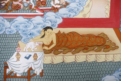 Buddha anyja fehér elefántról álmodik. Thangka, Bhaktapur, Nepál alkotó: Unbekannt