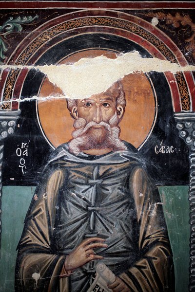 Bizánci freskó a 15. századból (részlet) Szent Sabas falfestmény Mihály arkangyal kápolna, Galata falu Ciprus Festett templomok UNESCO-hely Troodos, Ciprus alkotó: Unbekannt