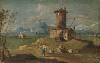 Capriccio szigettel, toronnyal és házakkal, 18. század. alkotó: Unbekannt