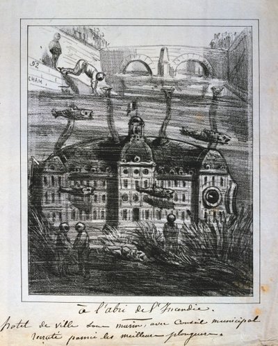 Rajzfilm javaslat a Hotel de Ville víz alatti újjáépítésére a tűz megelőzése érdekében, Párizs Kommün, 1871. alkotó: Unbekannt