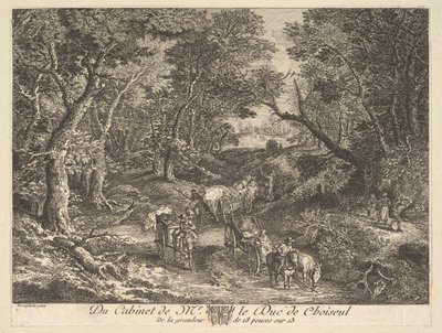 Szekerek egy ösvényen az erdőn át a Choiseul herceg gyűjteményében található festmény után, 1771. alkotó: Unbekannt
