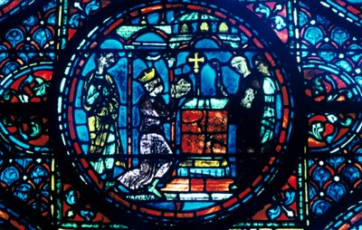 Nagy Károly ereklyéket ad az Aix-i kápolnának, ólomüveg, Chartres-i katedrális, Franciaország, 1225 alkotó: Unbekannt