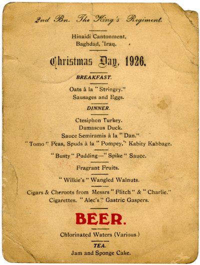 Karácsony napi menü, 2. zászlóalj, a királyok ezred, Irak, 1926 alkotó: Unbekannt