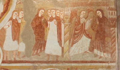 Templom (Église Saint-Martin). Belső. Falfestmények (freskó). A hajó nyugati fala. Részlet. A Szűzanya vádja és kijelentése. 12. század. alkotó: Unbekannt