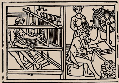 Gyapjú fésülése, fonása, szövése. Rodericus Zamorensis Speculum Vitae Humanae-jából, 1479. alkotó: Unbekannt