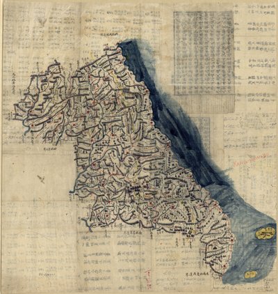 Lefedi Kangwŏn tartományt, Dél- és Észak-Koreában egyaránt. Dombormű ábrázolva. Toll-tinta és akvarell. A térképhez nem kapcsolódó szöveg a verson. Andrew Saylor ajándéka, 1992. Elérhető a Library of Congress webhelyén raszteres képként is. Acquisiti alkotó: Unbekannt