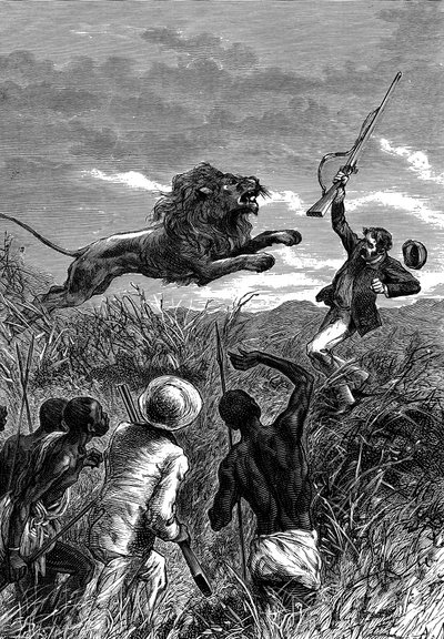 David Livingstone, skót misszionárius és afrikai felfedező, oroszlán megtámadása, 1860 alkotó: Unbekannt