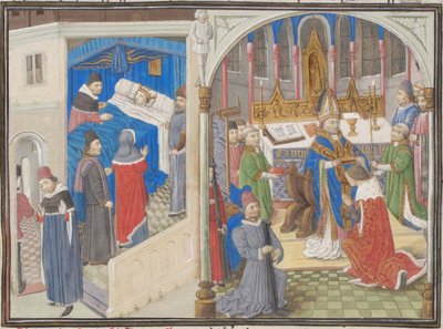 A jeruzsálemi I. Amalrik halála. Balduin koronázása IV. Türoszi Vilmos miniatúrája a Historiából, 1460-as évek alkotó: Unbekannt