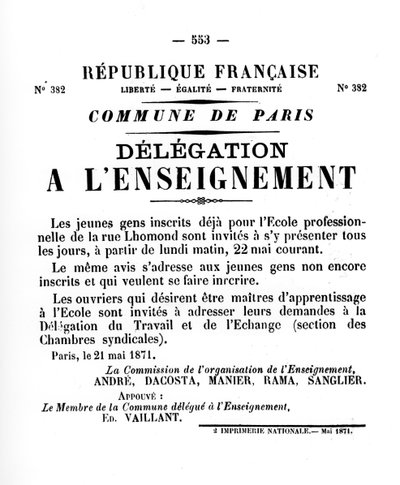 A LEnseignement küldöttsége a Párizsi Kommün francia politikai plakátjairól, 1871. május alkotó: Unbekannt