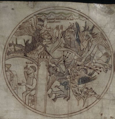 Démonok támadják Guthlacot Kézirat Szent Guthlac élete, 12. század eleje alkotó: Unbekannt