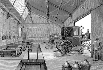 Depó, ahol az elektromos meghajtású párizsi vezetőfülkéket frissen feltöltött akkumulátorokkal szerelték fel, 1899 alkotó: Unbekannt