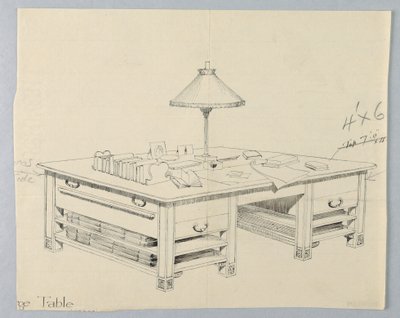 Tervezés hatalmas könyvtári tárolóasztalhoz, két nyitott polccal mindkét oldalon, 1900–05 alkotó: Unbekannt