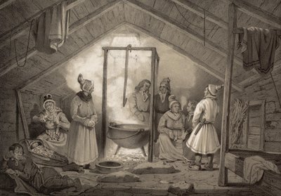 Egy finnországi parasztház belseje. Az illusztráció a Norge fremstillet i Tegninger av Asbjørnsen, P.Chr. og utgitt av Chr. Tønsberg című könyvből származik (no, 1848).
Vasárnap öltözött Sami egy év házban. "Fakunyhók (...) csak kivételesen fordulnak elő, alkotó: Unbekannt