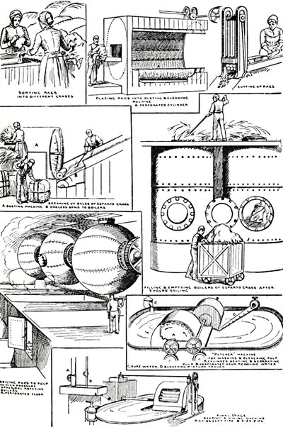 Diagramok, amelyek szemléltetik a rongyok és az esparto fű előkészítését papírgyártáshoz, c1917 alkotó: Unbekannt