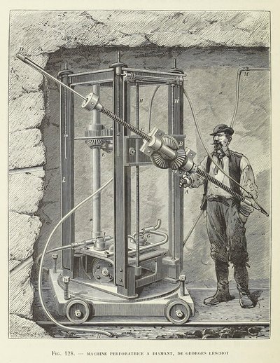 Gyémánt fúrógép tervezte Georges Leschot, pub. 1883-as metszet, 1883. alkotó: Unbekannt