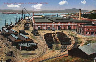 Dockyard műhelyek és vízpart, Gibraltár, XX. század alkotó: Unbekannt
