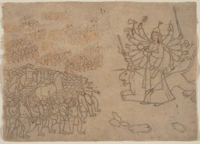 Durga szembeszáll a démon Chikshura hadseregével: Jelenet a Devi Mahatmya-ból, kb. 1780. alkotó: Unbekannt
