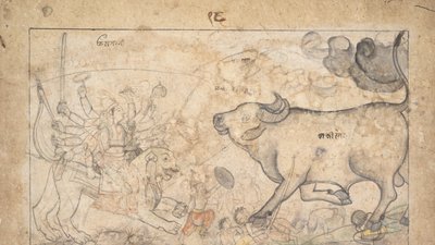 Durga szembeszáll a Buffalo Demon Mahishával: Jelenet a Devi Mahatmya-ból, Ka. 1780. alkotó: Unbekannt