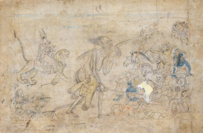Durga és Kali megközelítik Chanda és Munda összegyűjtött seregeit..., kb. 1780. alkotó: Unbekannt