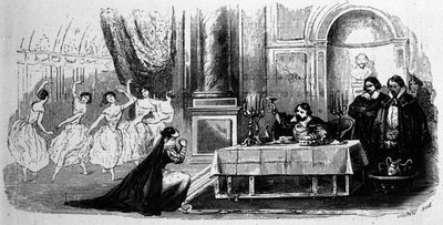 Elvira arra kéri Don Giovannit, hogy változtassa meg a módját, jelenet a „Don Giovanni” című művéből, Wolfgang Amadeus Mozart (metszet) alkotó: Unbekannt