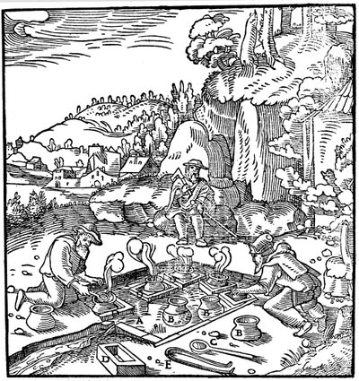 Sós edények párologtatása természetes melegvízforrásban, hogy sót nyerjenek, 1556 alkotó: Unbekannt